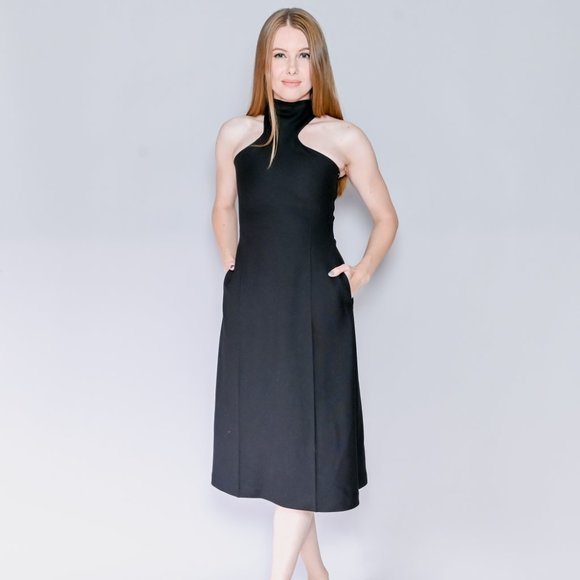 537. GIA STUDIOS Black High-Neck Midi Dress rare Designer Chic Small - Picture 7 of 7